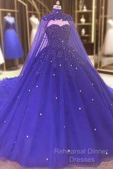 Royal Blue Beaded Sparkle Tulle Ball Gown Formal Dress, Blue Wedding Party Dress
