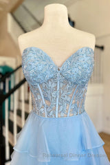 Royal Blue Chiffon Sweetheart Ruffle Tiered Long Semi Formal Prom Dress