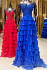 Royal Blue Chiffon Sweetheart Ruffle Tiered Long Semi Formal Prom Dress