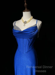Royal Blue Elegant Mermaid Satin Spaghetti Strap Long Semi Formal Prom Dress Beaded Formal Evening Gown