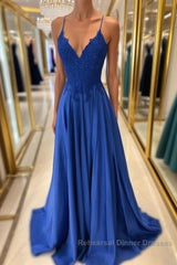 Royal blue lace satin long Semi Formal Prom Dresses blue formal Dresses