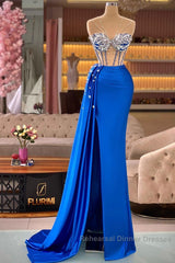 Royal Blue Mermaid Beading See Through Semi Formal Prom Dress