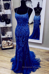 Royal Blue Mermaid Straps Tulle And Lace Party Dress, Royal Blue Semi Formal Prom Dress