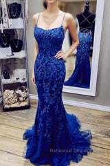 Royal Blue Mermaid Straps Tulle And Lace Party Dress, Royal Blue Semi Formal Prom Dress
