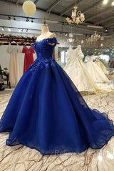 Royal Blue Off-The-Shoulder Evening Dresses, Appliques Formal Semi Formal Prom Dress