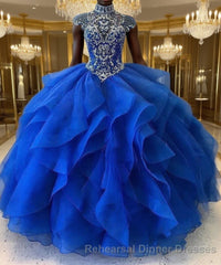 Royal Blue Organza High Neck Quinceanera Dresses Burgundy Semi Formal Prom Dresses
