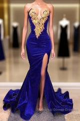 Royal Blue Semi Formal Prom Dress With Slit , Formal Dress, Evening Dress, Dance Dresses, Graduation Party Dress