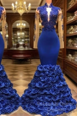 Royal Blue Robe De Soiree Mermaid Long Sleeves Flowers Lace Beaded Sexy Long Party Semi Formal Prom Dresses Semi Formal Prom Gown Evening Dresses