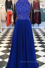Royal Blue Round Neck Long Semi Formal Prom Dress, Blue Evening Dress