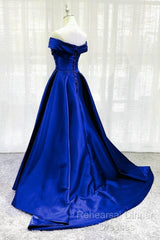 Royal Blue Satin A-Line Long Party Dress, Simple Long Semi Formal Prom Dress Evening Dress