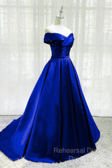 Royal Blue Satin A-Line Long Party Dress, Simple Long Semi Formal Prom Dress Evening Dress