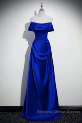 Royal Blue Satin A-Line Simple Long Party Dress, Royal Blue Satin Floor Length Semi Formal Prom Dress