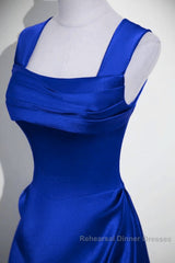 Royal Blue Satin A-Line Simple Long Party Dress, Royal Blue Satin Floor Length Semi Formal Prom Dress
