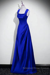 Royal Blue Satin A-Line Simple Long Party Dress, Royal Blue Satin Floor Length Semi Formal Prom Dress