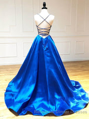 Royal Blue Satin A Line V Neck Long Semi Formal Prom Dress
