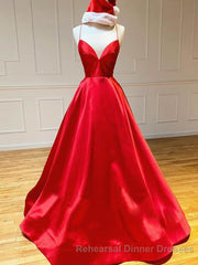 Royal Blue Satin A Line V Neck Long Semi Formal Prom Dress