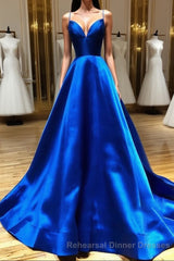 Royal Blue Satin A Line V Neck Long Semi Formal Prom Dress