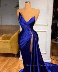 Royal Blue Satin Beading Ruched Semi Formal Prom Dress With Slit
