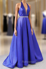 Royal Blue Satin Deep V Neck Simple Long Semi Formal Prom Dress Backless Party Dresses