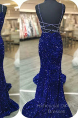 Royal Blue Sequin Beaded Mermaid Semi Formal Prom Dresses Spaghetti Straps