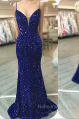 Royal Blue Sequin Beaded Mermaid Semi Formal Prom Dresses Spaghetti Straps
