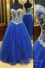 Royal Blue Tulle Beaded Long Semi Formal Prom Dress, Blue Evening Dresses
