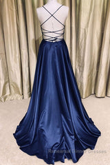 Royal Blue V Neck Backless Satin Long Semi Formal Prom Dresses, Royal Blue Formal Dresses, Backless Royal Blue Evening Dresses