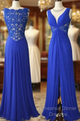Royal Blue V Neck Chiffon Lace Long Semi Formal Prom Dress, Evening Dress