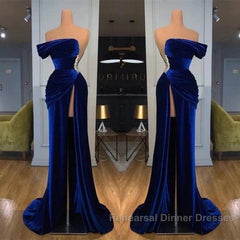 Royal Blue Velvet Trumpet Mermaid Semi Formal Prom Dress With Slit