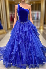 Ruffle One Shoulder Royal Blue Velvet Top Long Semi Formal Prom Dress