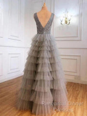 Ruffles Tulle V Neck Gray Sequin Long Semi Formal Prom Dress