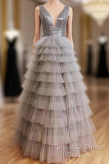Ruffles Tulle V Neck Gray Sequin Long Semi Formal Prom Dress