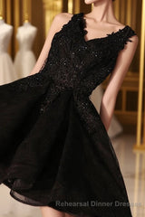 Black V Neck Lace Short Semi Formal Prom Dress, Homecoming Dresses, Homecoming Dresses