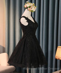 Black V Neck Lace Short Semi Formal Prom Dress, Homecoming Dresses, Homecoming Dresses