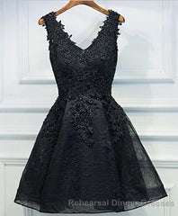 Black V Neck Lace Short Semi Formal Prom Dress, Homecoming Dresses, Homecoming Dresses