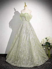 Sage A-Line Off The Shoulder Glittering Tulle Sequins Long Semi Formal Prom Dress Sweet 16 Dress