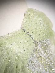 Sage A-Line Off The Shoulder Glittering Tulle Sequins Long Semi Formal Prom Dress Sweet 16 Dress