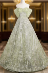 Sage A-Line Off The Shoulder Glittering Tulle Sequins Long Semi Formal Prom Dress Sweet 16 Dress