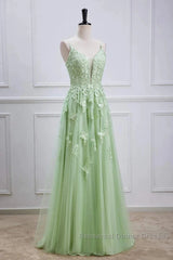 Sage Green Long Semi Formal Prom Dresses Lace Appliques V Neck Lace-Up