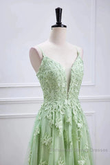 Sage Green Long Semi Formal Prom Dresses Lace Appliques V Neck Lace-Up