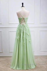 Sage Green Long Semi Formal Prom Dresses Lace Appliques V Neck Lace-Up