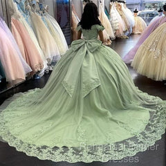 Sage Green Princess Quinceanera Dress Ball Gown Applique Off Shoulder Sweet 16 Semi Formal Prom Dress