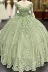 Sage Green Princess Quinceanera Dress Ball Gown Applique Off Shoulder Sweet 16 Semi Formal Prom Dress