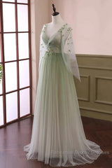 Sage Green Tulle Long Sleeve 3D Flower Semi Formal Prom Dress