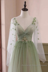 Sage Green Tulle Long Sleeve 3D Flower Semi Formal Prom Dress