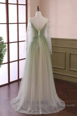 Sage Green Tulle Long Sleeve 3D Flower Semi Formal Prom Dress