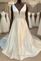 Satin Plunging Neck Bow-Back A-Line Long Wedding Dress