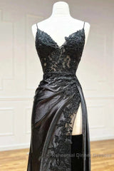 Satin Sheath Column Black Spaghetti Strap Semi Formal Prom Dress With Slit