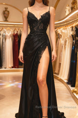 Satin Sheath Column Black Spaghetti Strap Semi Formal Prom Dress With Slit