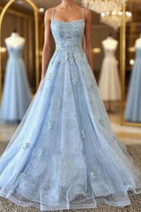 Scoop Neck Light Blue Backless Lace Semi Formal Prom Dresses, Scoop Neck Blue Lace Formal Evening Dresses
